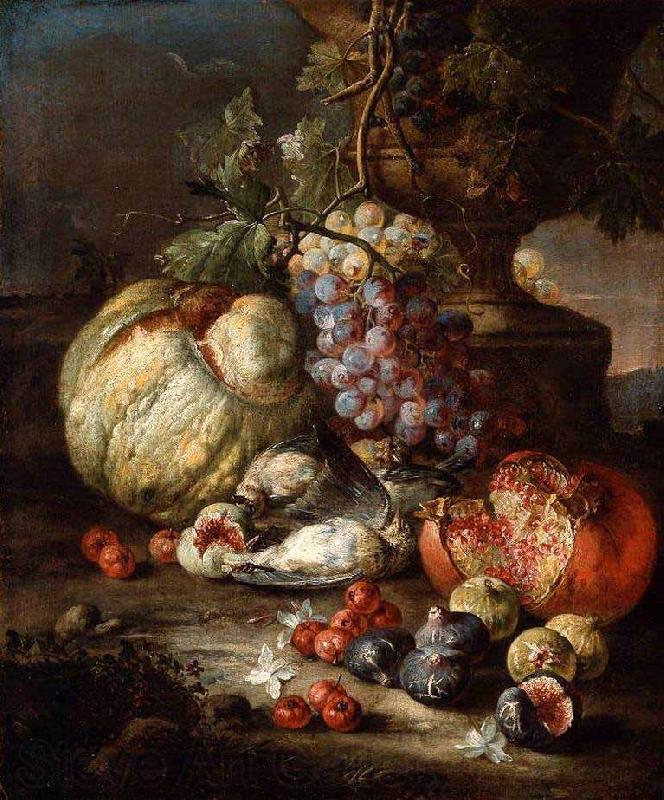 RUOPPOLO, Giovanni Battista Still Life with Fruit and Dead Birds in a Landscape